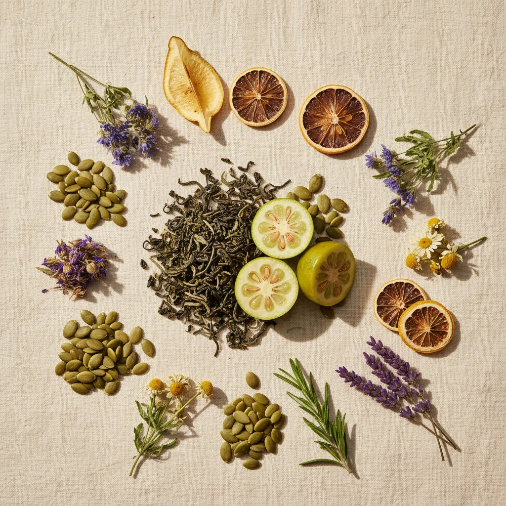 Flat lay van natuurlijke ingrediënten: groene thee, garcinia cambogia vruchten, pompoenpitten en citroen op een linnen ondergrond